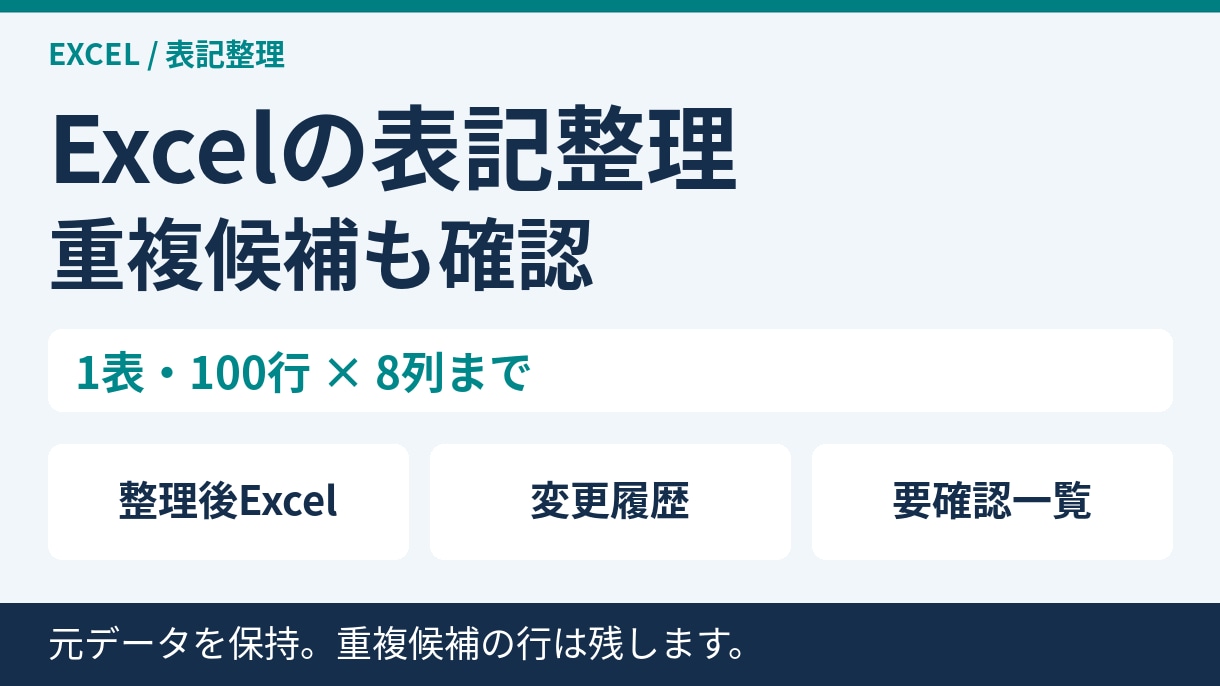 Excelの表記を整え重複候補を確認します 100行までの小さな台帳を、変更履歴つきで整理 イメージ1