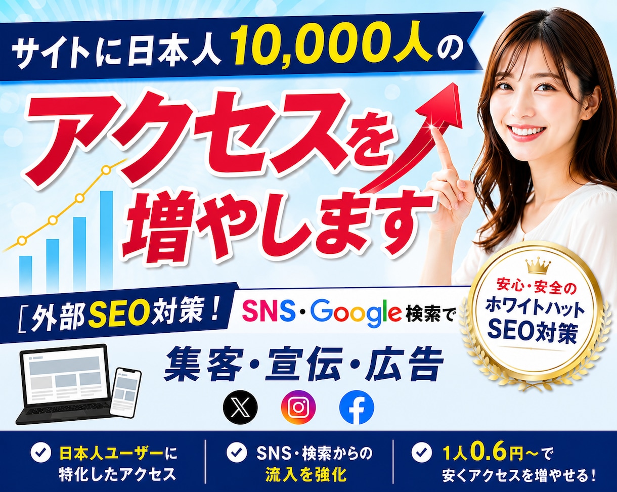 サイトに日本人10,000人のアクセスを増やします 外部SEO対策！SNS・Google検索で集客・宣伝・広告 イメージ1