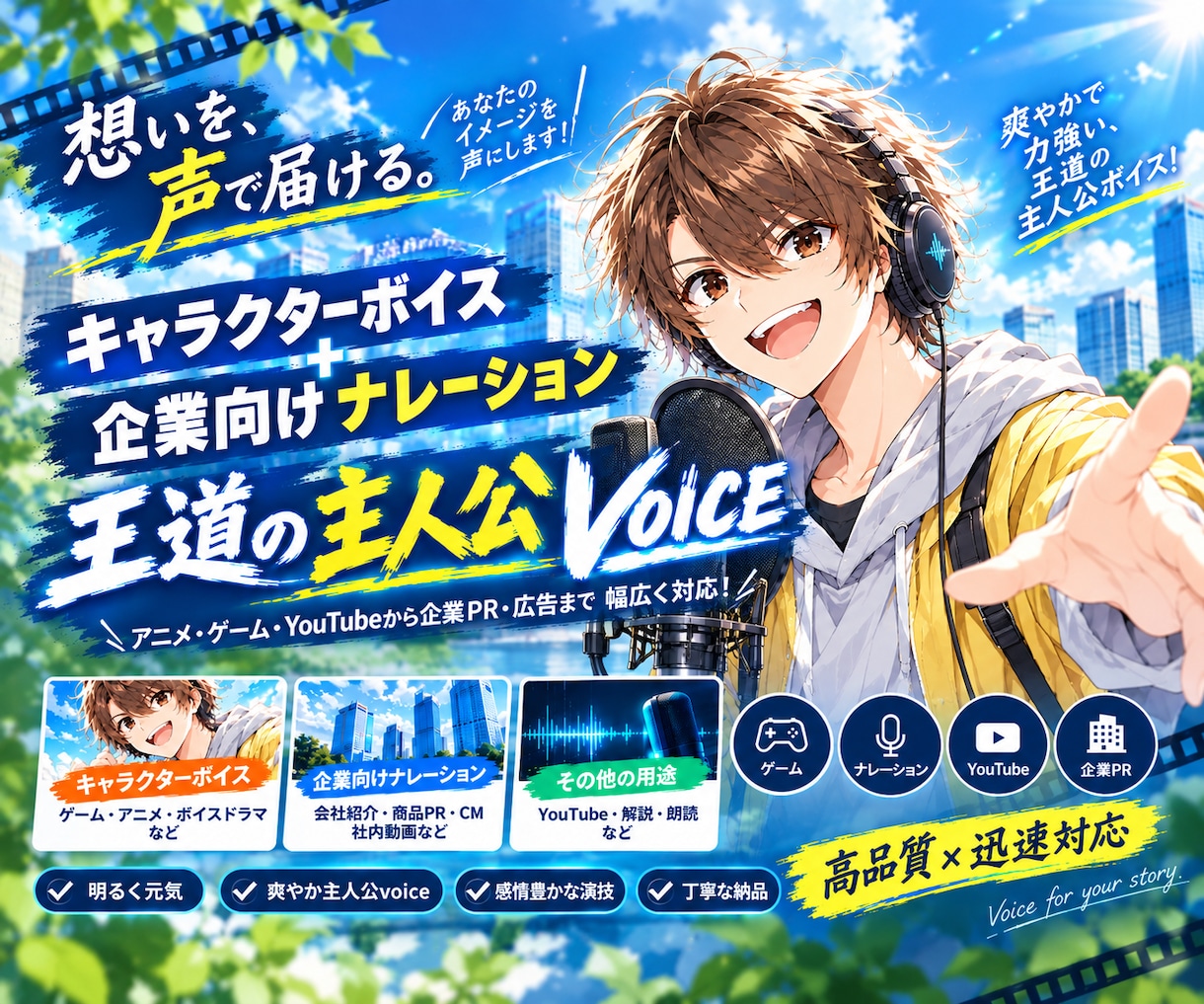 元事務所所属声優｜王道主人公VOICEを提供します 【中高音】爽やか、明るい｜企業CMﾅﾚｰｼｮﾝも多数実績あり イメージ1