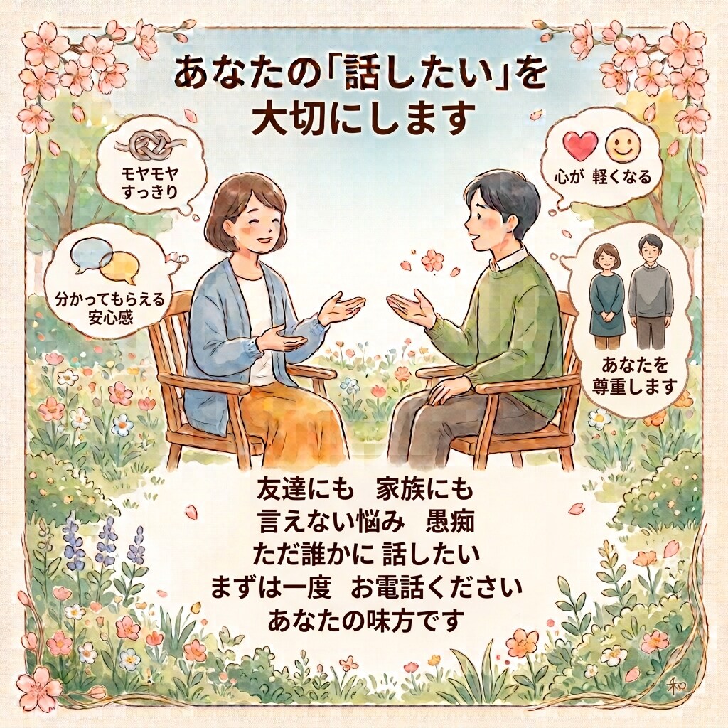 誰にも言えないモヤモヤや愚痴、何でもお聞きします ​まとまらない話でも大丈夫。あなたの味方になって寄り添います イメージ1