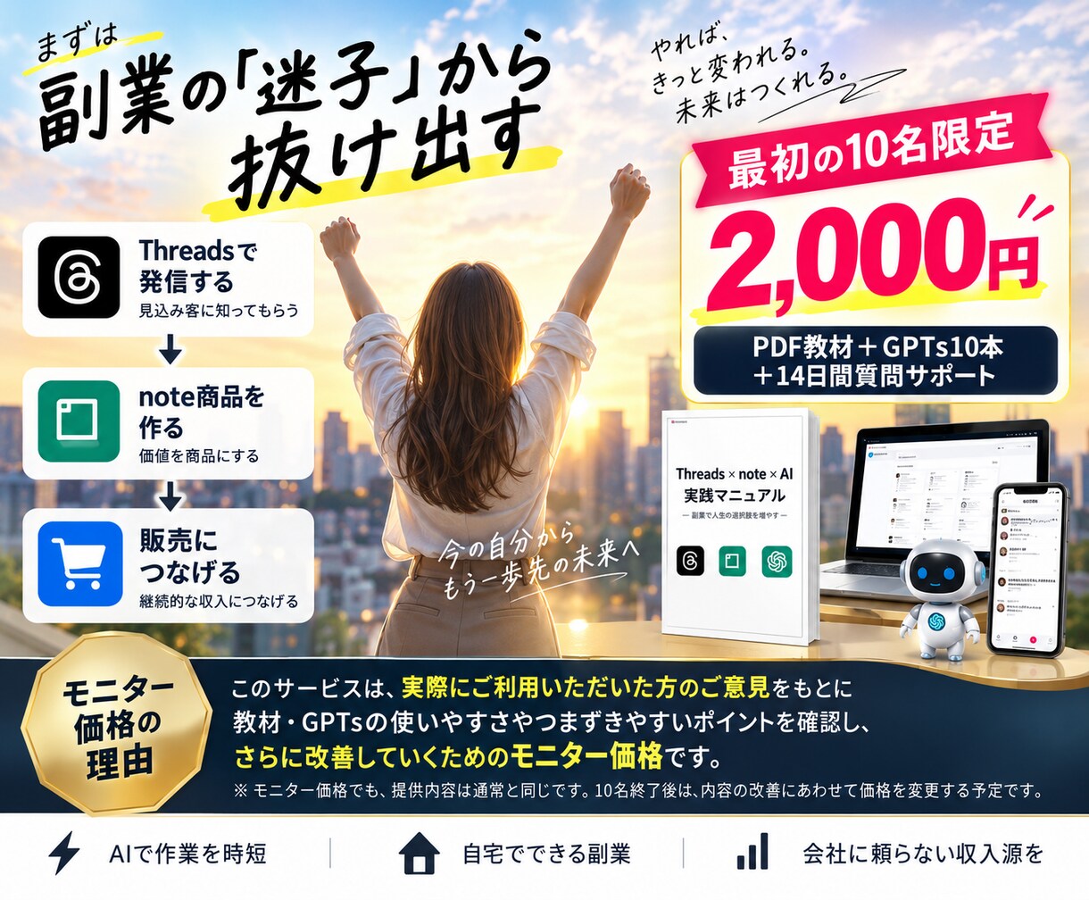 副業迷子の会社員をnote販売まで導線化します Threads×note×AI時短で月5万副業を在宅で目指す イメージ10