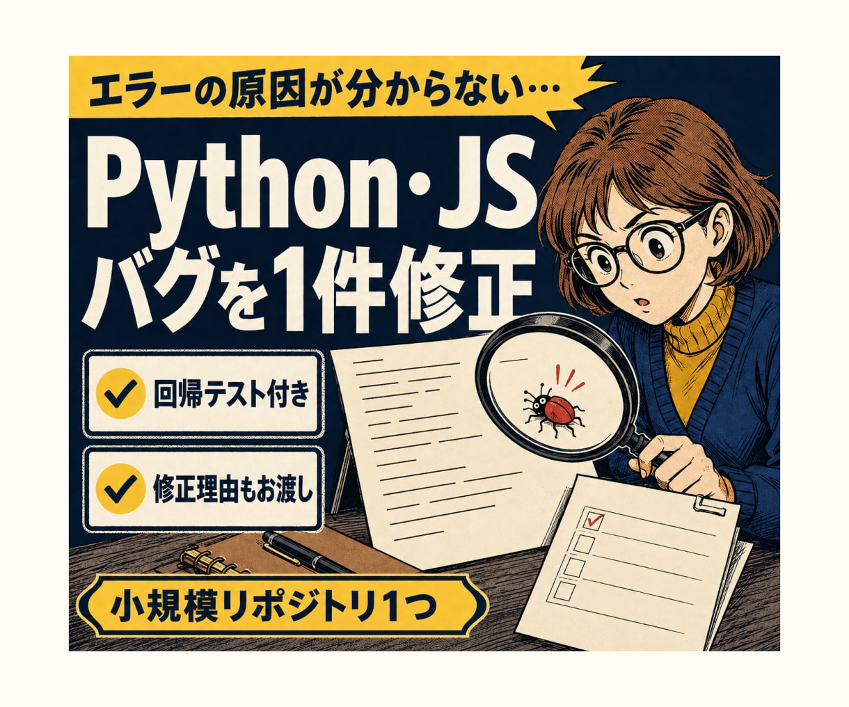 Python・JSのバグを1件修正します 小規模コードの再現バグを対象テスト付きで修正 イメージ1