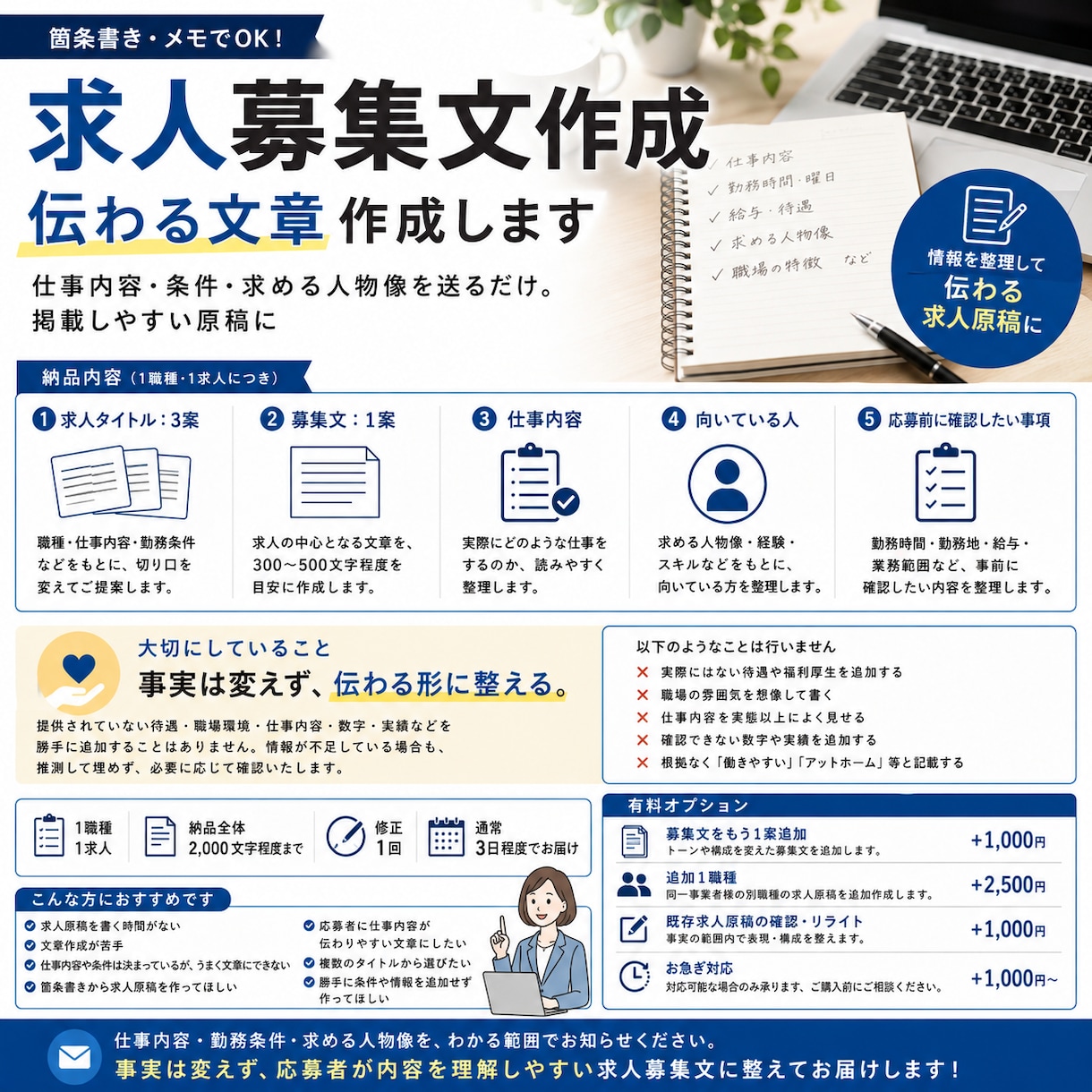 求人募集文作成｜伝わる文章作成します 仕事内容・条件・求める人物像を送るだけ。掲載しやすい原稿に イメージ1