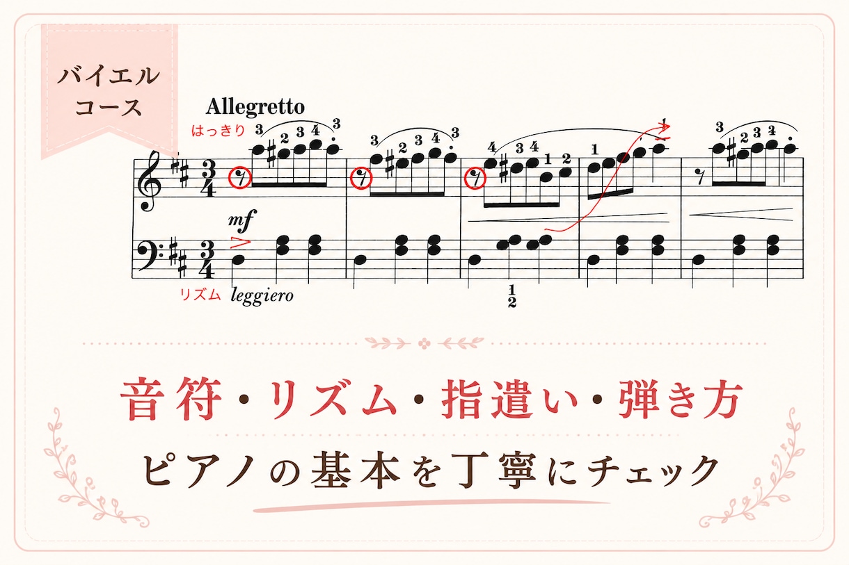 バイエルの弾き方を楽譜の書き込みで一緒に整理します 元保育科講師・指導歴25年以上。バイエル2曲を動画添削 イメージ2