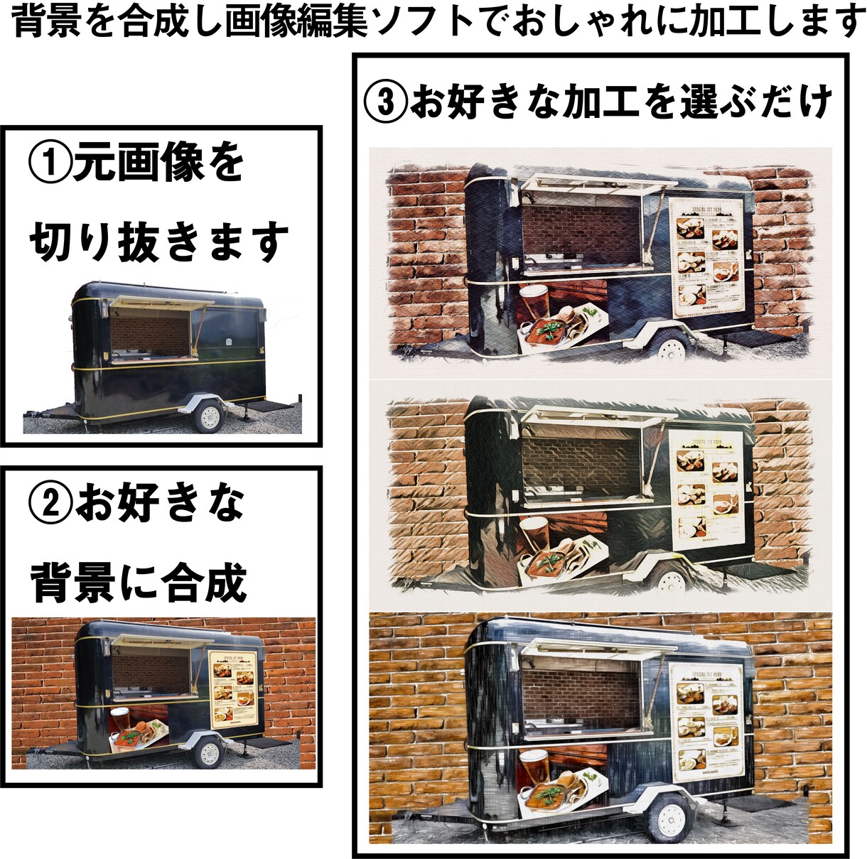 切り抜き＋背景合成＋画像加工して納品いたします 頂いた画像から簡易切り抜き＋簡易背景合成の後 画像加工します イメージ1