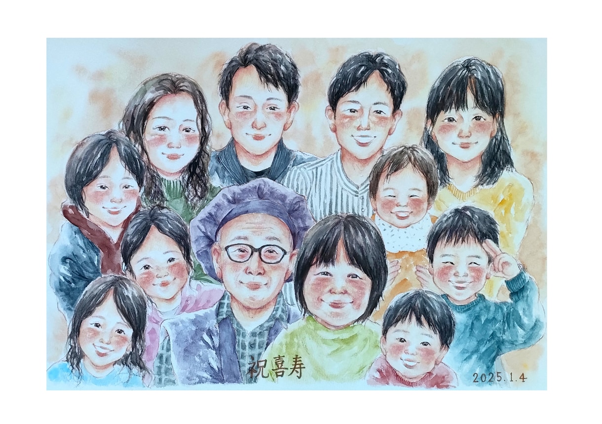 大人数6名様〜水彩の似顔絵をお描きします 還暦祝いや米寿祝い、ウェディングにおすすめです イメージ10