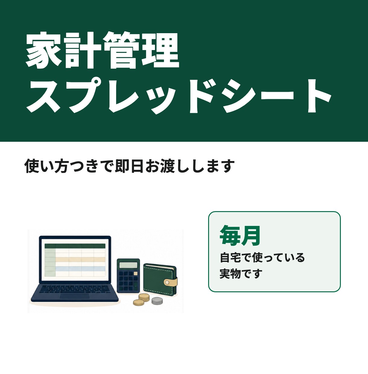家計簿スプレッドシートを使い方付きで即日渡します 毎月自宅で使っている実物です。項目の追加も相談できます イメージ1
