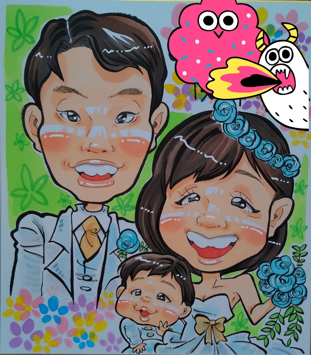 色紙サイズ【額付き】ウエルカムボード似顔絵描きます 新郎新婦のお祝いを似顔絵で彩ります。 イメージ2