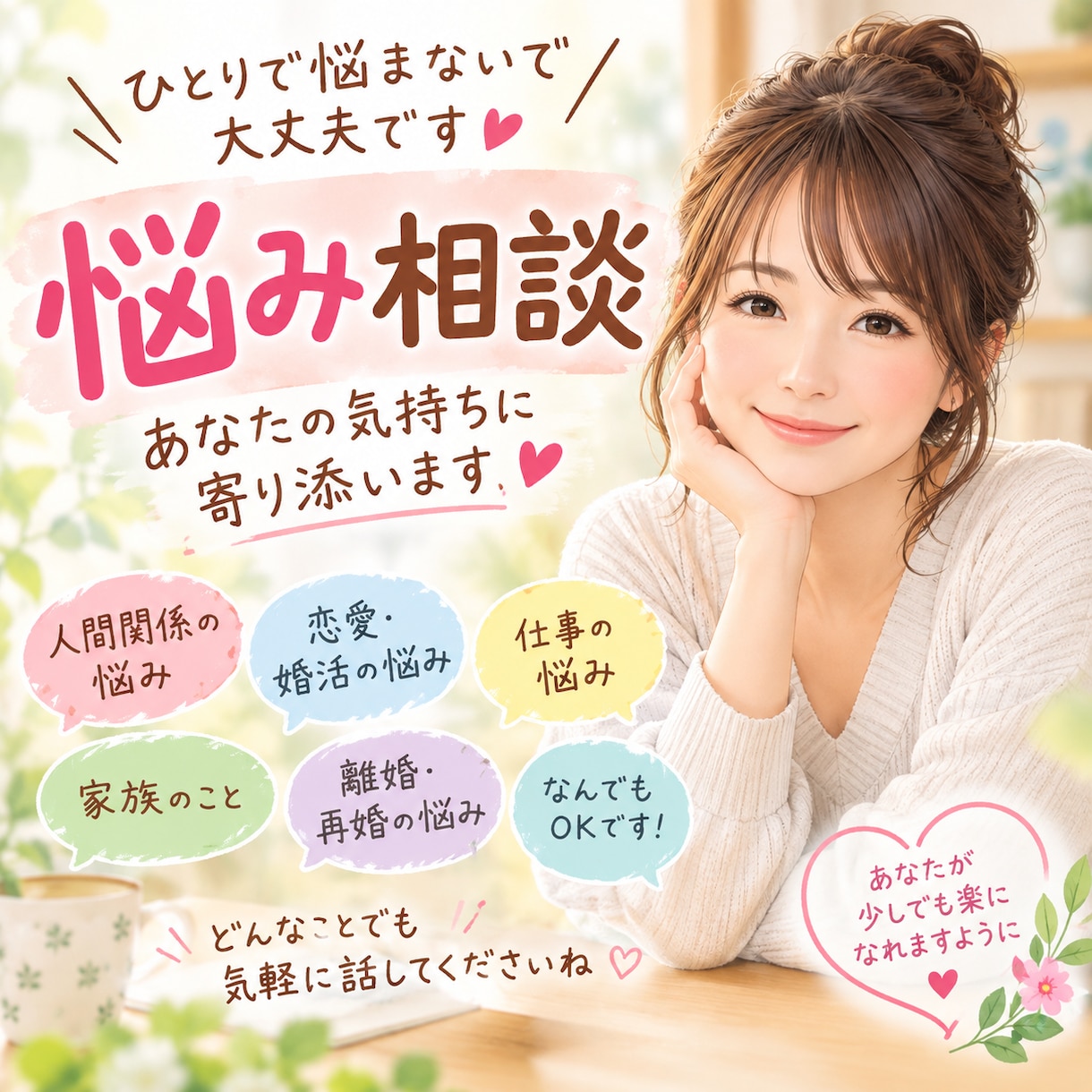 一人で悩ないでお話し聞きます 「頑張りすぎているあなたへ。どんな悩みも受け止めます イメージ1