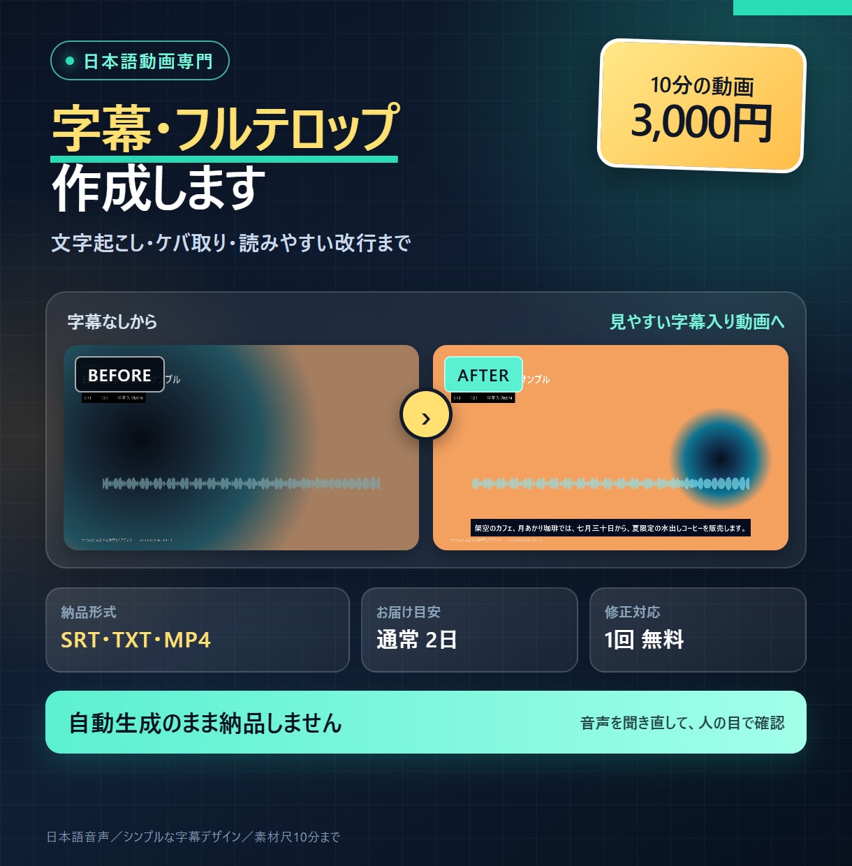 日本語動画に読みやすい字幕を入れますます 文字起こし・SRT・字幕入りMP4まで対応します イメージ1