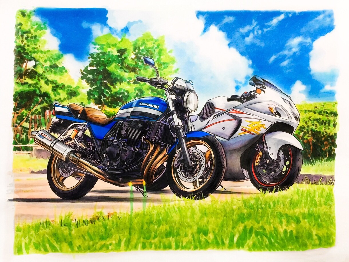 車・バイクのイラスト描きます 背景の空は、青空・夕焼け・星空に変えられます！ イメージ1