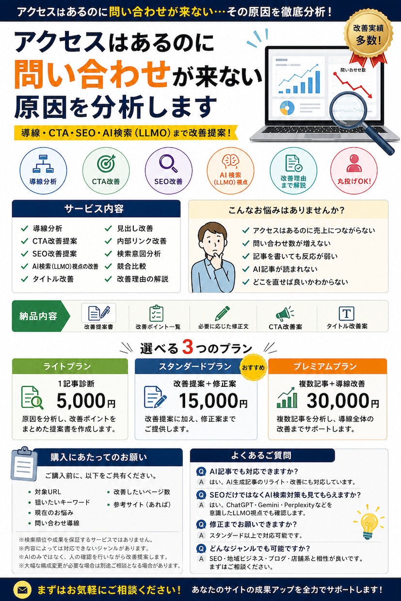 アクセスはあるのに問い合わせがない原因を分析します SEOだけでは増えない。 導線・CTA・AI検索視点まで分析 イメージ1