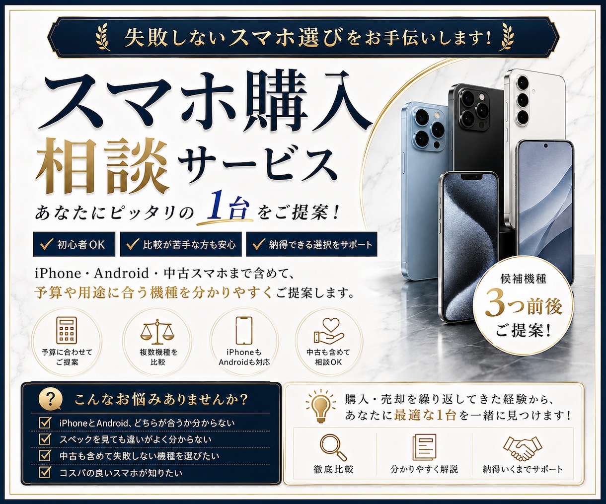 スマホ購入で予算や用途に合う機種をご提案します 予算や用途に合わせて、失敗しにくいスマホ選びをお手伝いします イメージ1
