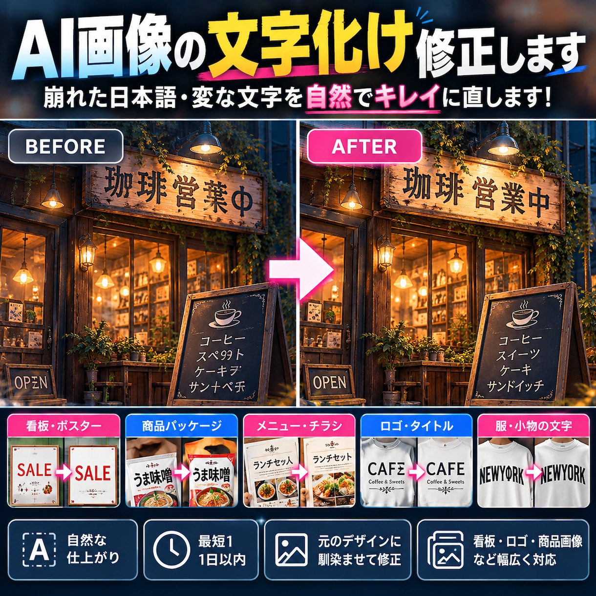 AI画像の文字化け・崩れ文字を修正します 変な日本語や看板・ロゴの文字を自然に直します イメージ1