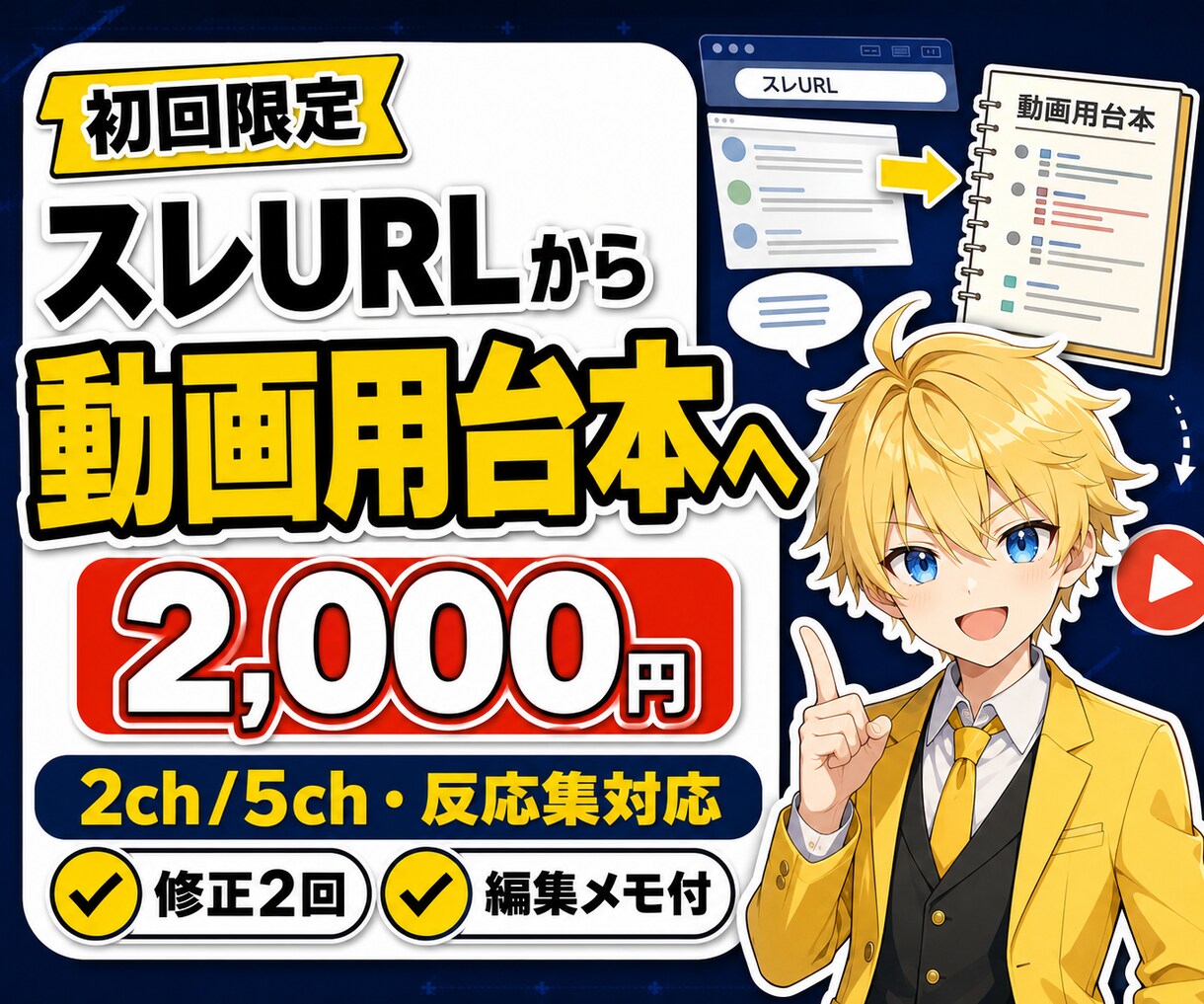 2ch/5chスレを動画台本に整えます スレURLや素材メモを動画用の台本に整えます イメージ1