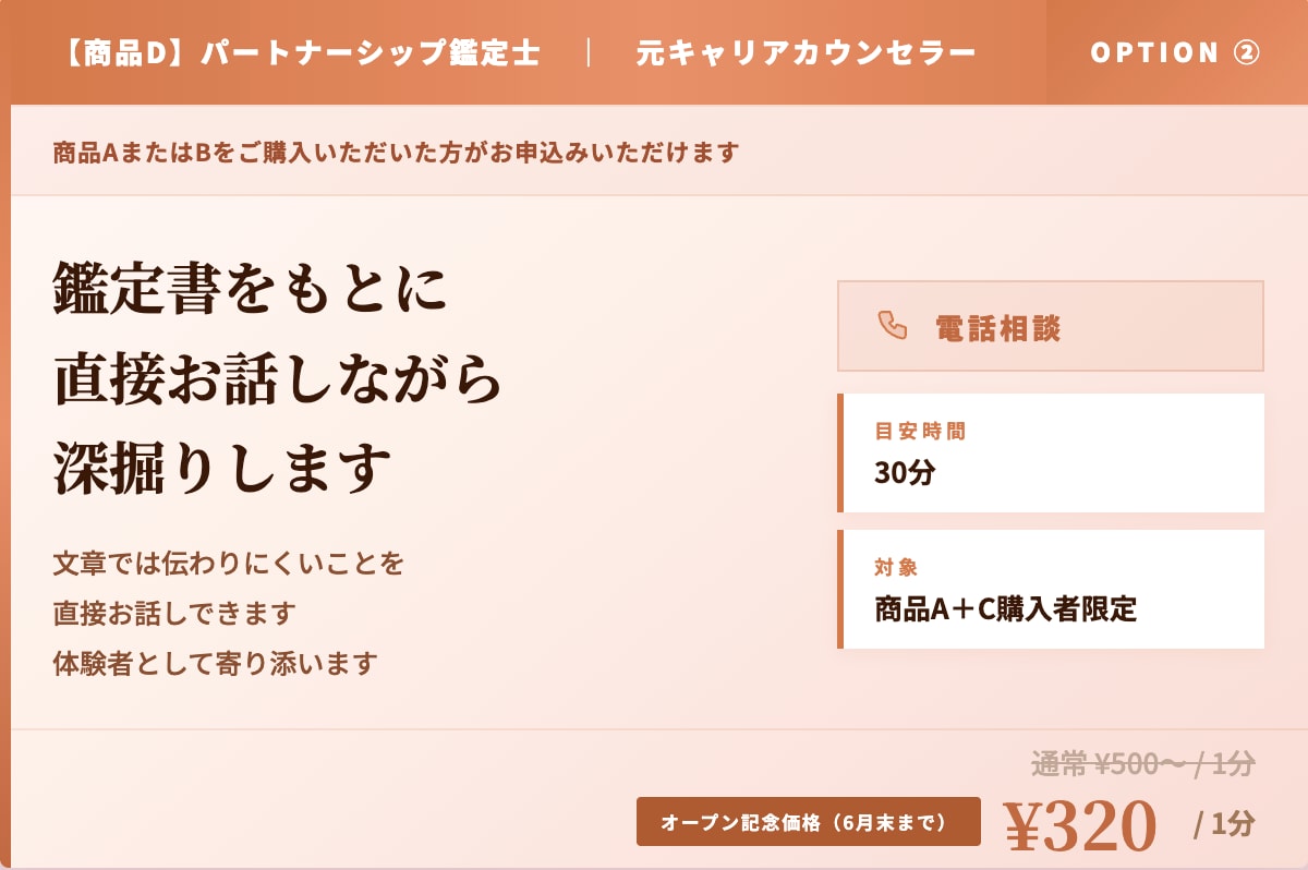 商品D：鑑定書をもとに電話で直接深掘り相談します 文章では伝わりにくいことを直接お話しできます イメージ1