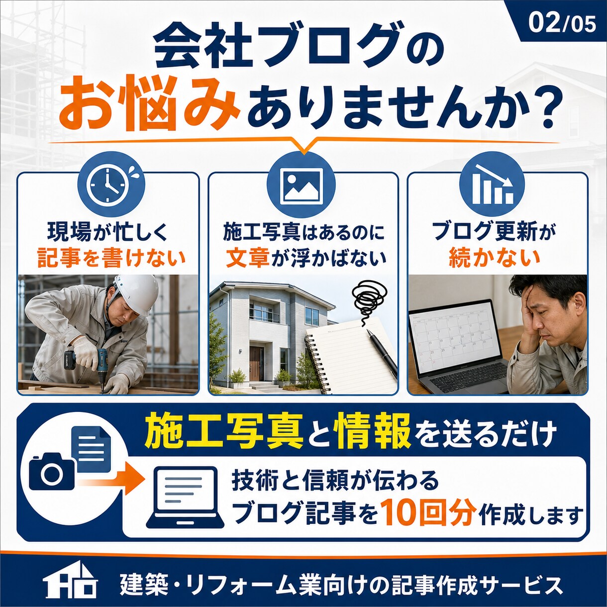 建築・リフォームのブログ記事を10回分作成します 施工写真と一言を送るだけ｜会社の技術と信頼が伝わる記事を作成 イメージ2
