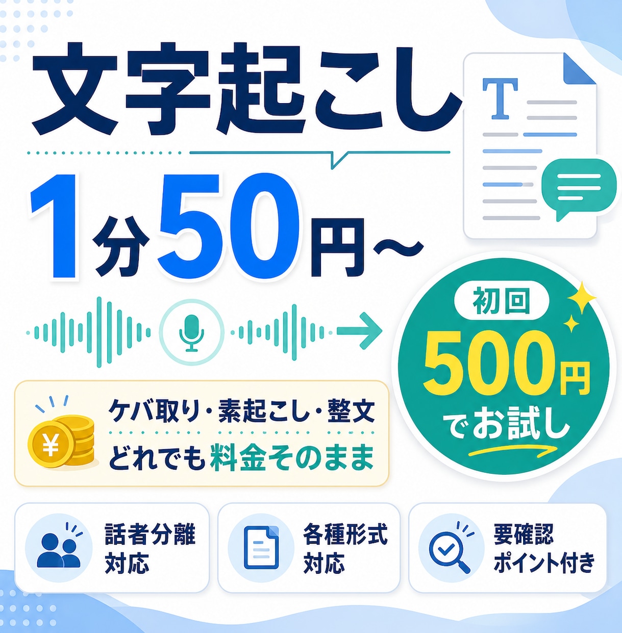 1分50円!文字起こし・テープ起こし承ります 初回最大2500円分の無料枠あり！各種形式まで対応します！ イメージ1