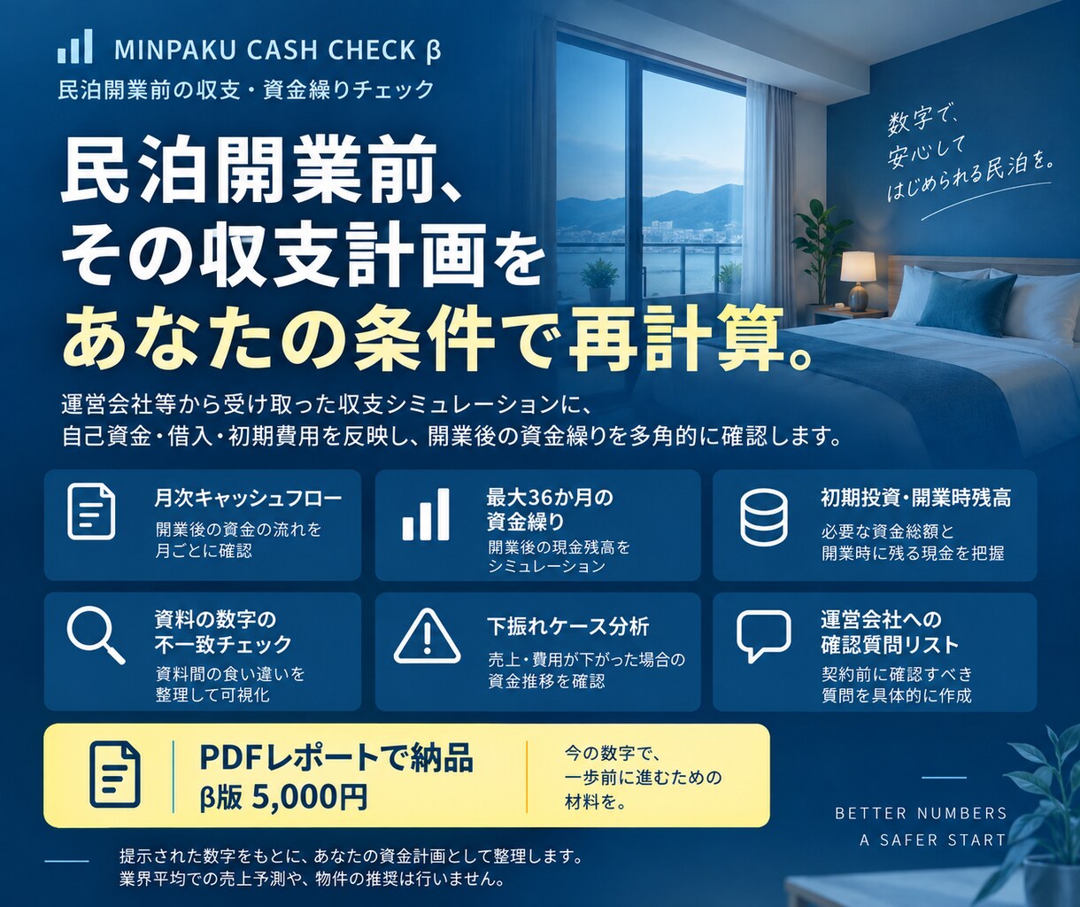 民泊開業前の収支・資金繰りを再計算します 運営会社等の収支表にあなたの自己資金・借入・初期費用を反映。 イメージ1