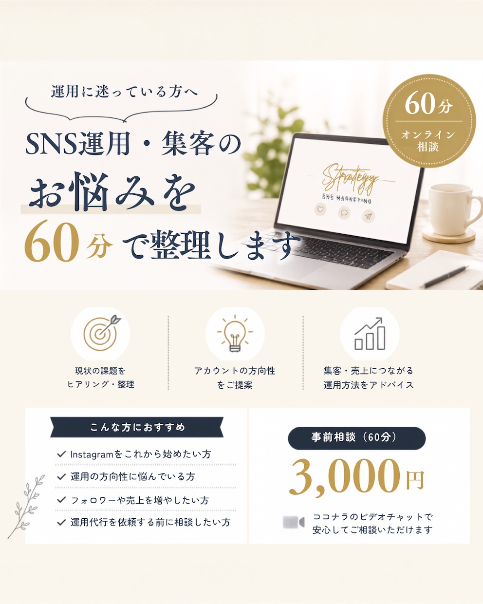Instagram運用のお悩みを60分で整理します 目的や現状を整理し、今後の運用方針をご提案します。 イメージ1