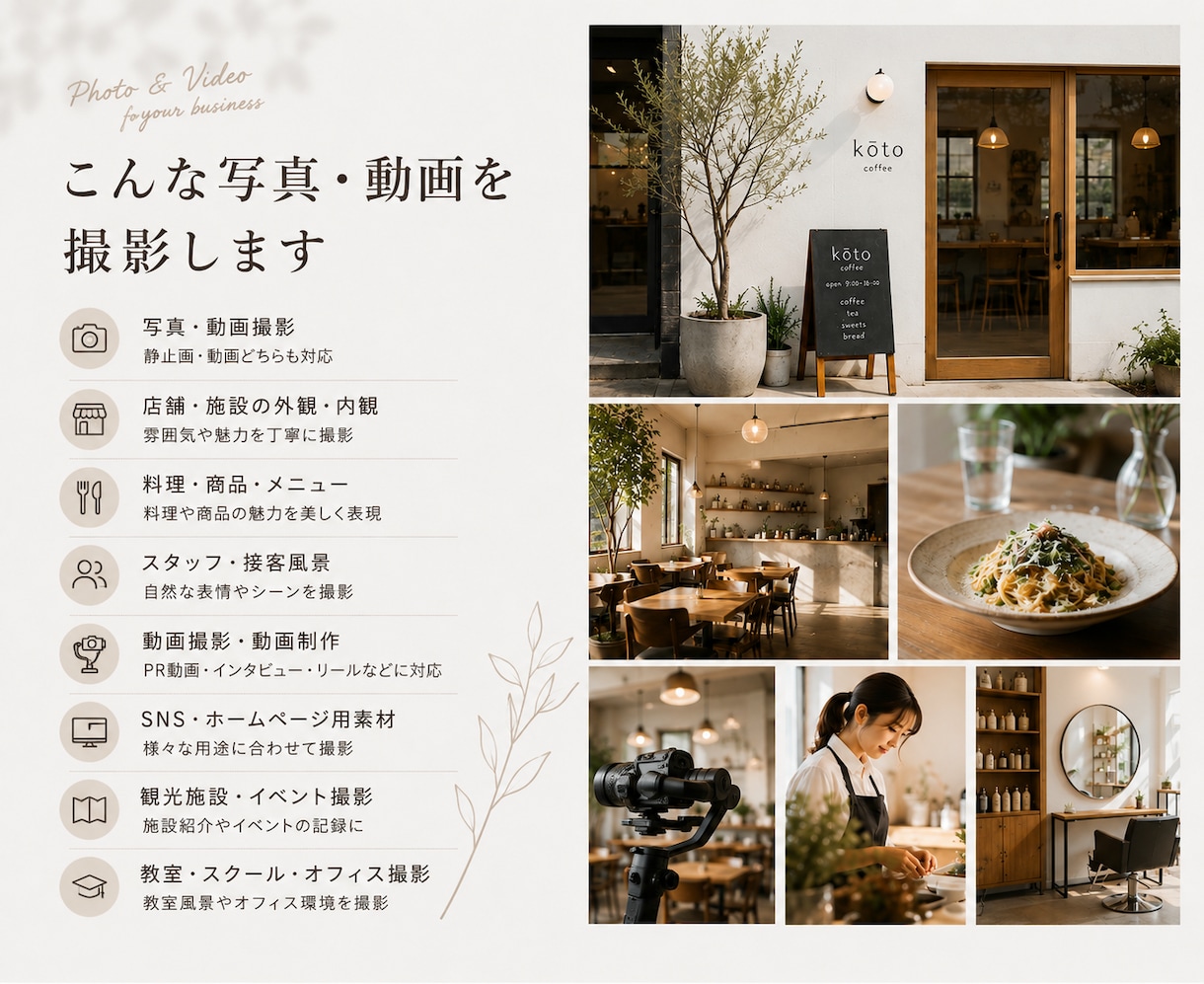 店舗・施設を写真・動画で全国出張撮影します 写真・動画に対応、店舗や施設の魅力を伝えるPR撮影を承ります イメージ2