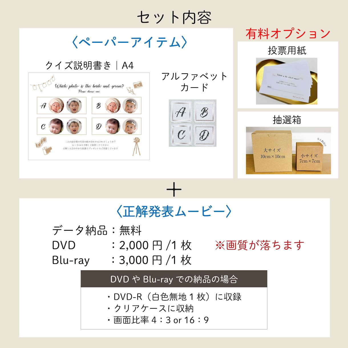 披露宴の余興で大人気【写真当てクイズ】を制作します 統一感がある〈ペーパーアイテム〉＆〈正解発表ムービー〉セット イメージ3