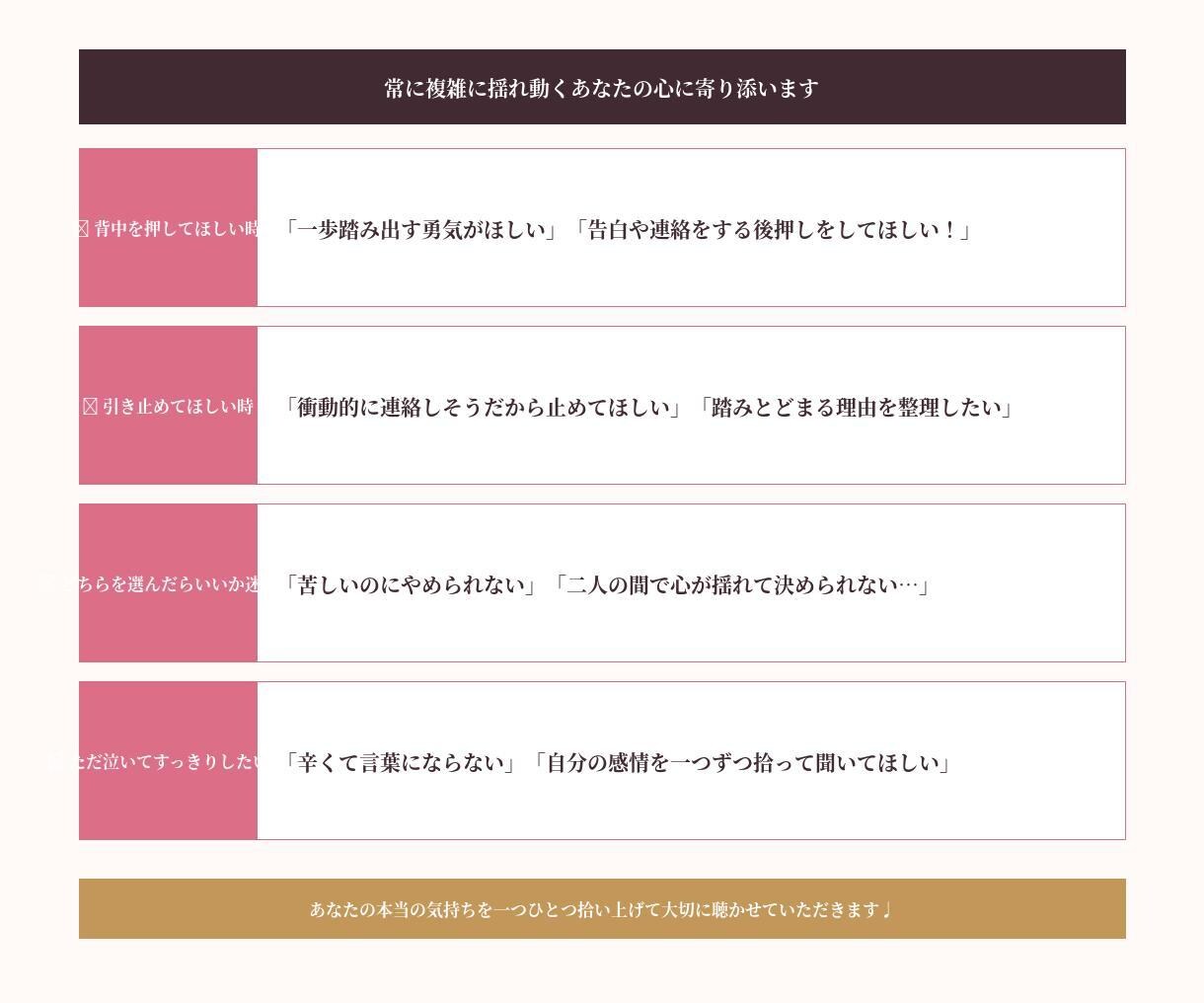 複雑恋愛・片思い・復縁・浮気の相談乗ります 「辛い」「分からない」に。多彩な経験からがっつり寄り添います イメージ7