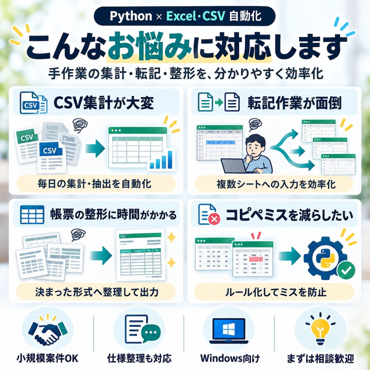 PythonでExcel・CSV作業を自動化します 面倒な集計・転記を効率化！物流現場での開発実績あり イメージ2