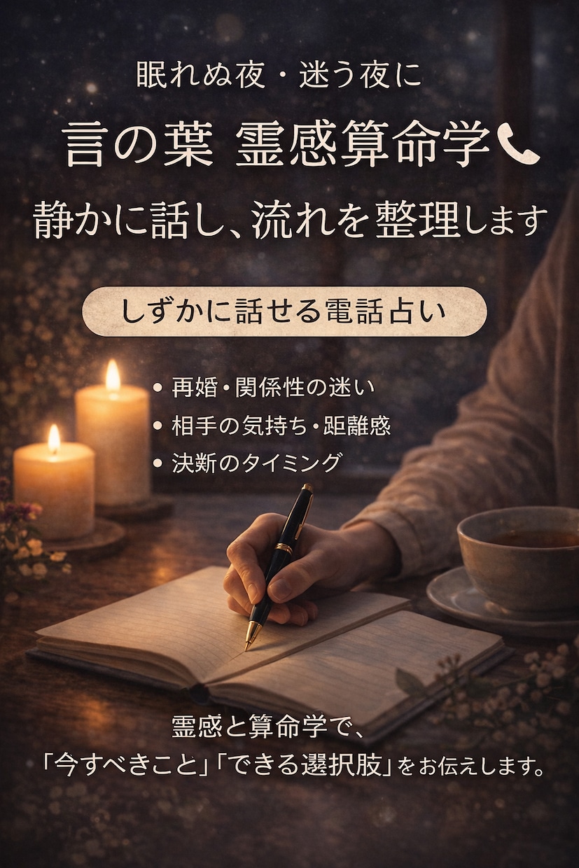 霊感算命学で静かに話を聞き今の流れを言葉にします 落ち着いて話しながら、今の状況と時期を整理します イメージ1