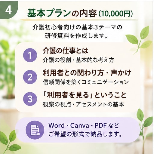 介護初心者が考えて動ける研修資料を作成します 施設の理念や方針を聞き、その施設らしい新人研修資料を作ります イメージ4