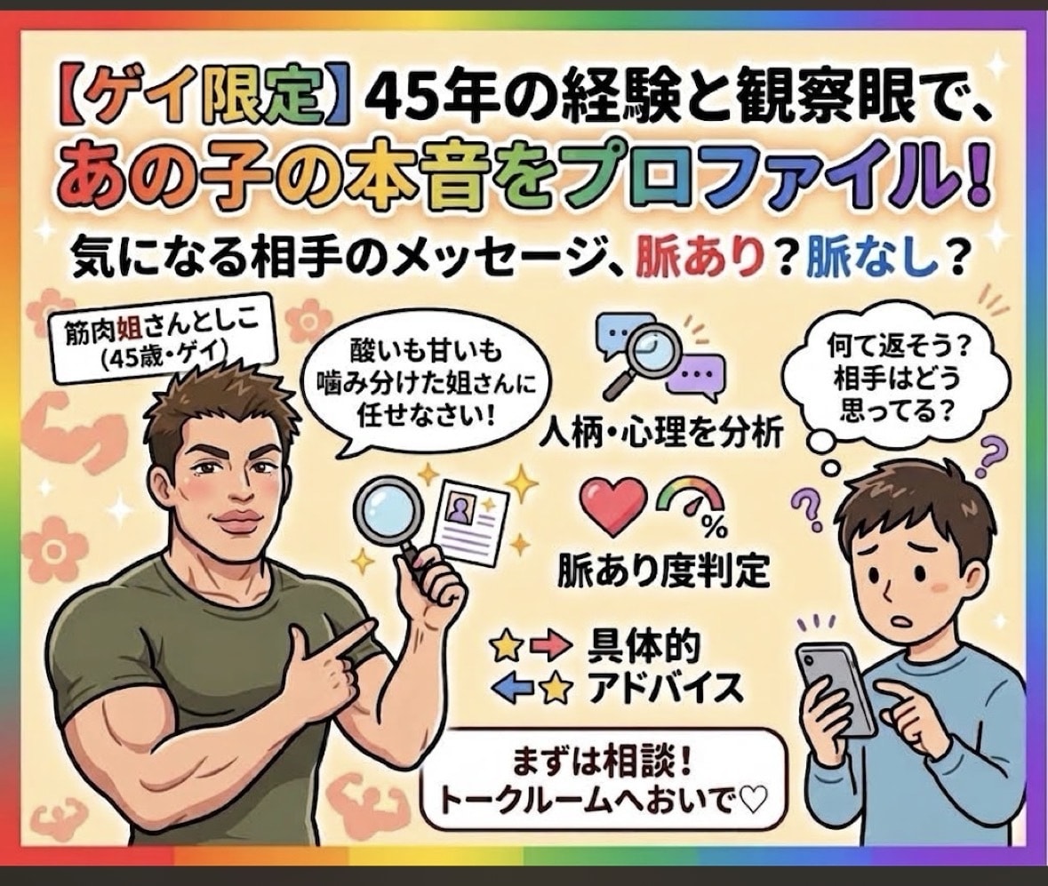 ゲイ限定! 相手の人柄・心理をプロファイルします お相手のプロフィールやメッセージのやり取りから脈あり度を判断 イメージ1