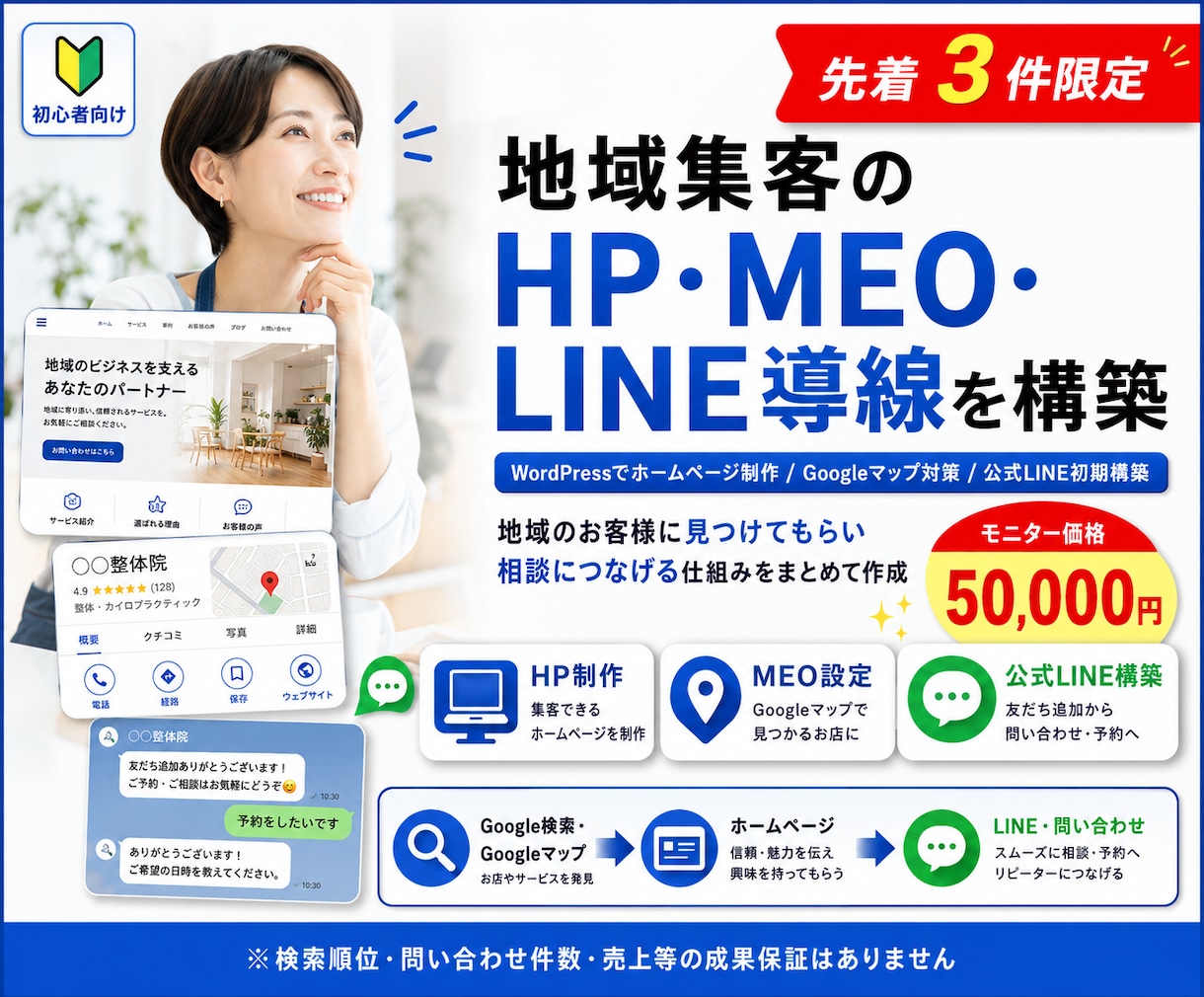 地域集客のHP・MEO・LINE導線を構築します HP・MEO・公式LINEをまとめて構築します イメージ1