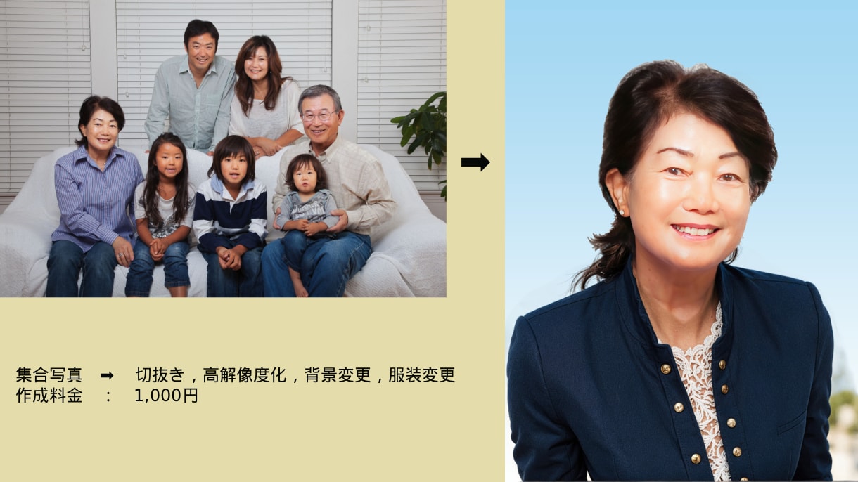 AI技術で、遺影写真・人物写真・肖像写真作成します 着せ替えもAI技術で短時間処理・多種類服装が可能になりました イメージ1