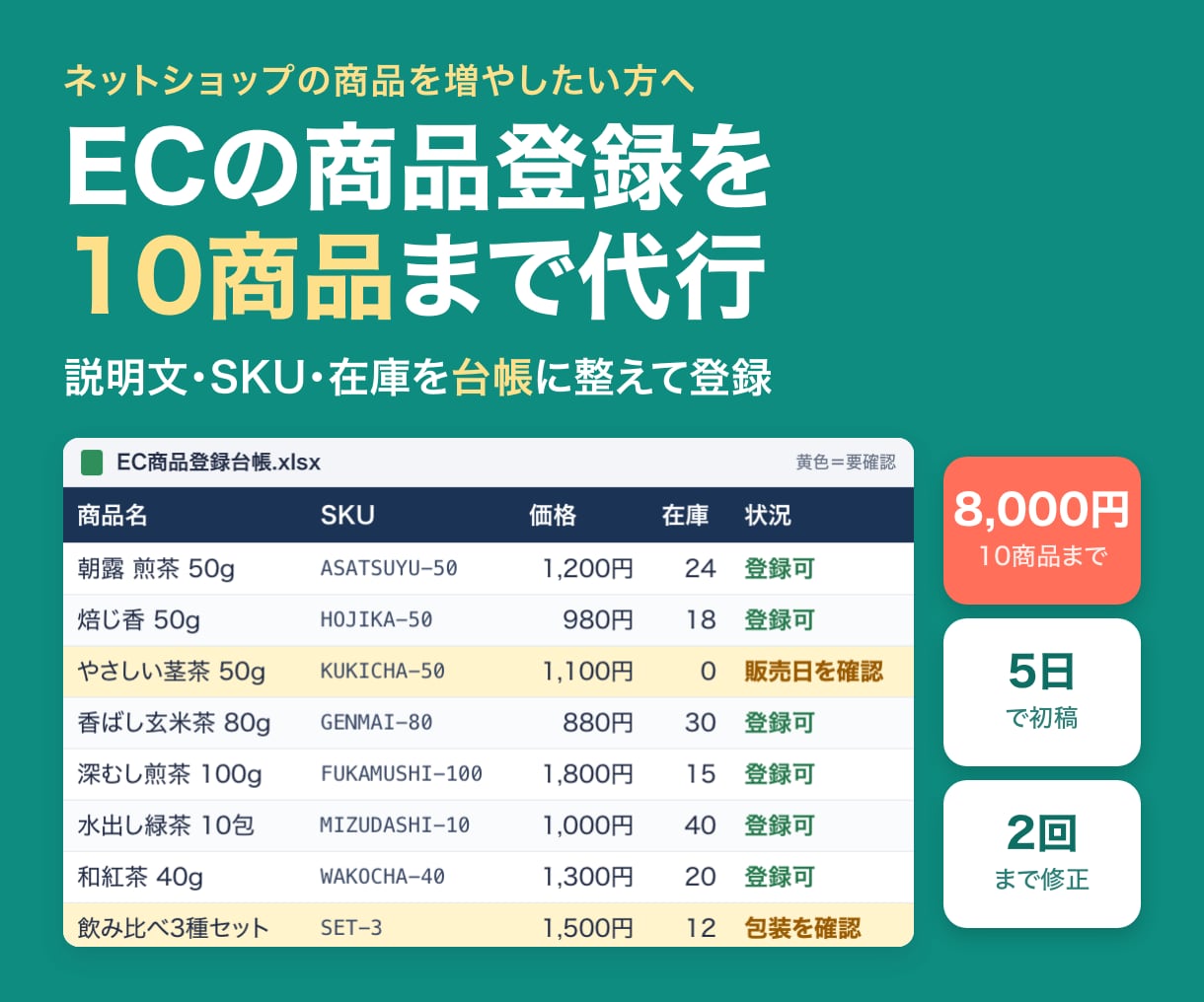 ECの商品登録と商品ページを作成します 商品情報を整理し10商品を登録できる形に整えます イメージ1