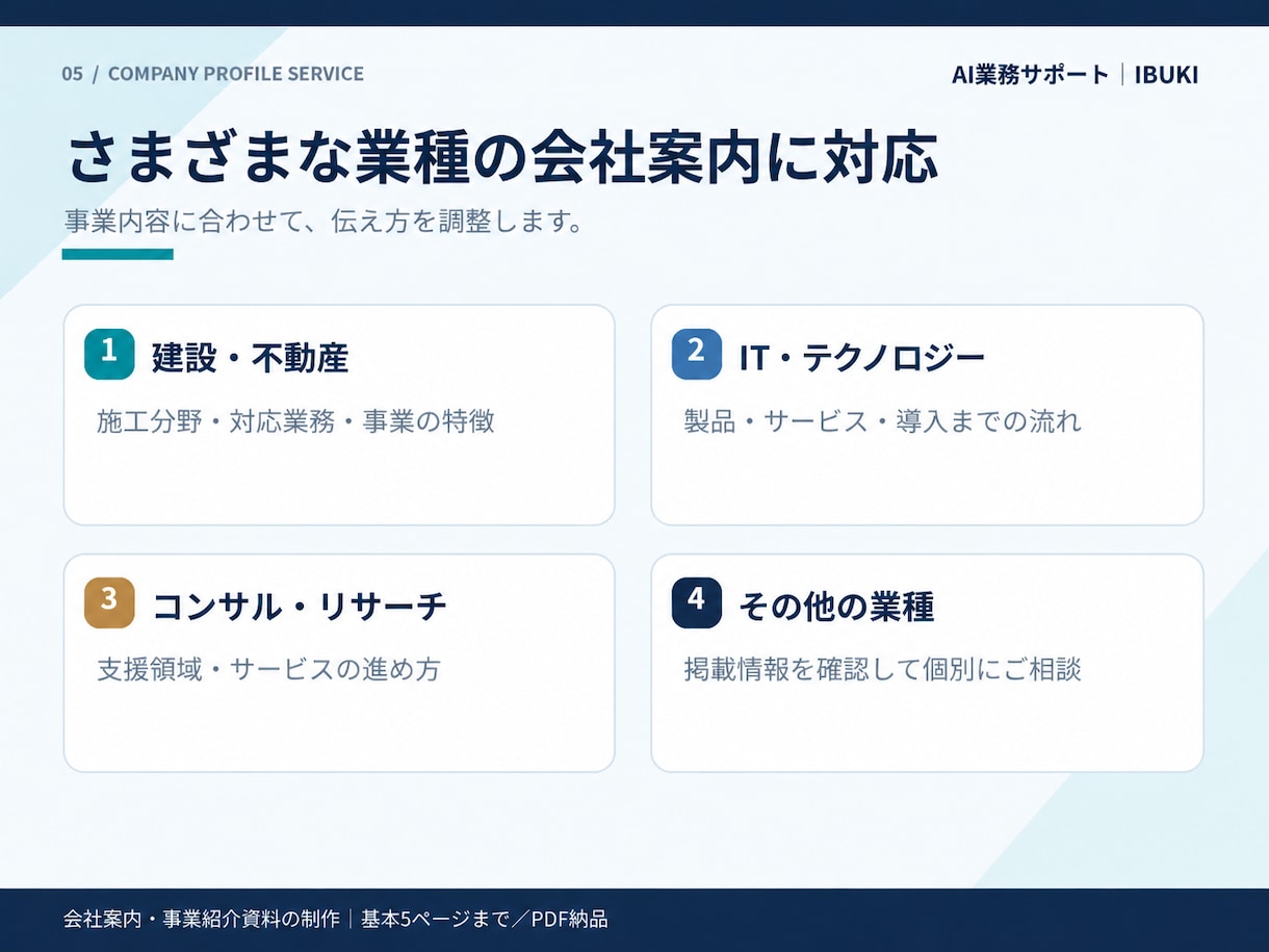 伝わる会社案内・事業紹介資料を作成しますます 会社の魅力や強みを伝える見やすい資料を制作します イメージ5