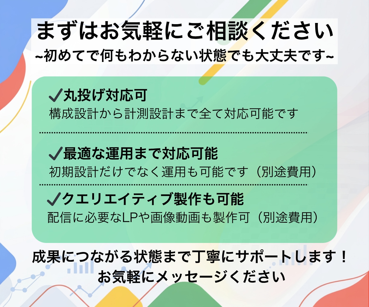 広告のプロが成果にこだわる広告出稿します 初期設定から配信後まで見据え、成果につながる状態を整えます イメージ4