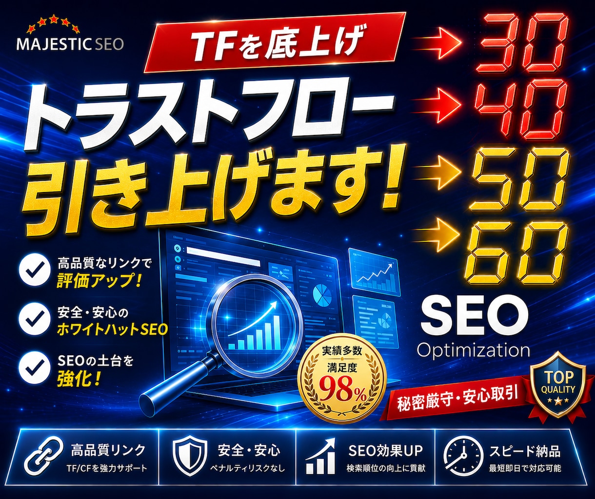 トラストフロー「TF」値を30以上に引き上げます TF60以上も可能！Google上位表示の近道に！ イメージ1