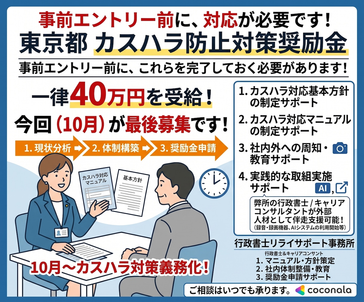 エントリー前対応必須東京都カスハラ奨励金支援します お急ぎください！カスハラ奨励金エントリーに必要な対応サポート イメージ1