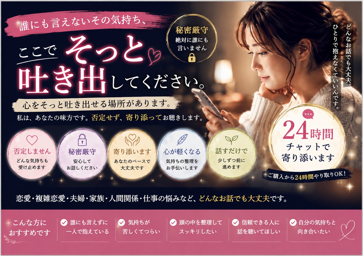 誰にも言えない悩みをお聞きします 秘密のお話も安心してお聞かせください イメージ1