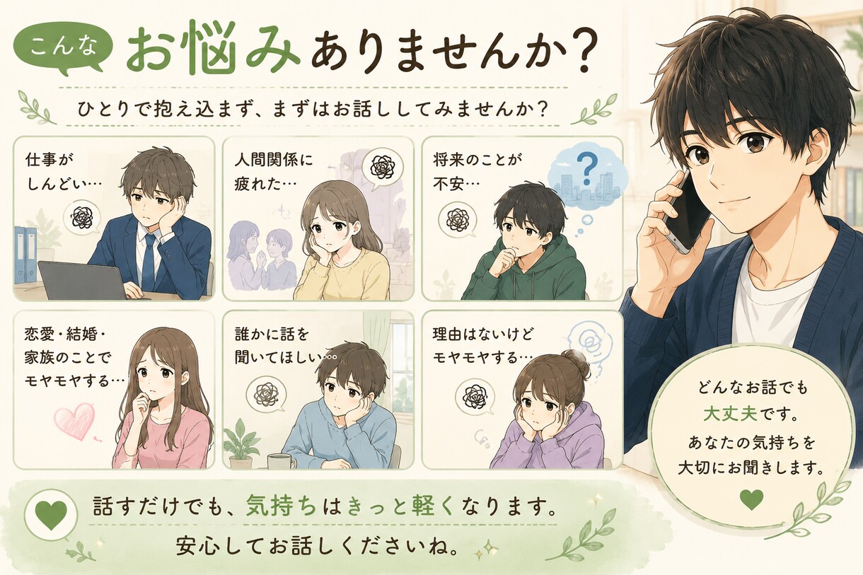 モヤモヤ整理｜とま先生が落ち着いてお話を聞きます 雑談も相談もOK。頭の中を整理したい時にどうぞ。 イメージ1