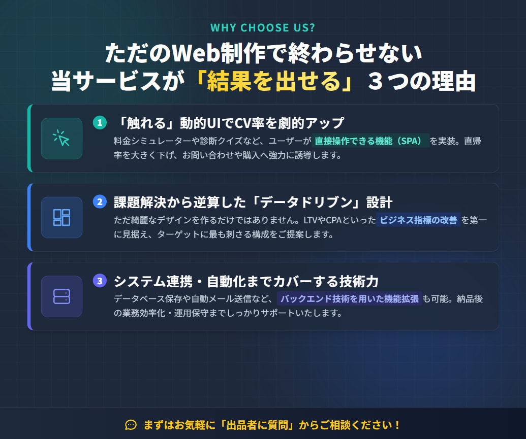 課題を解決する高品質高機能なSPA・LP作ります デザイン×高度な技術力で、ビジネスを加速させるWeb制作 イメージ2