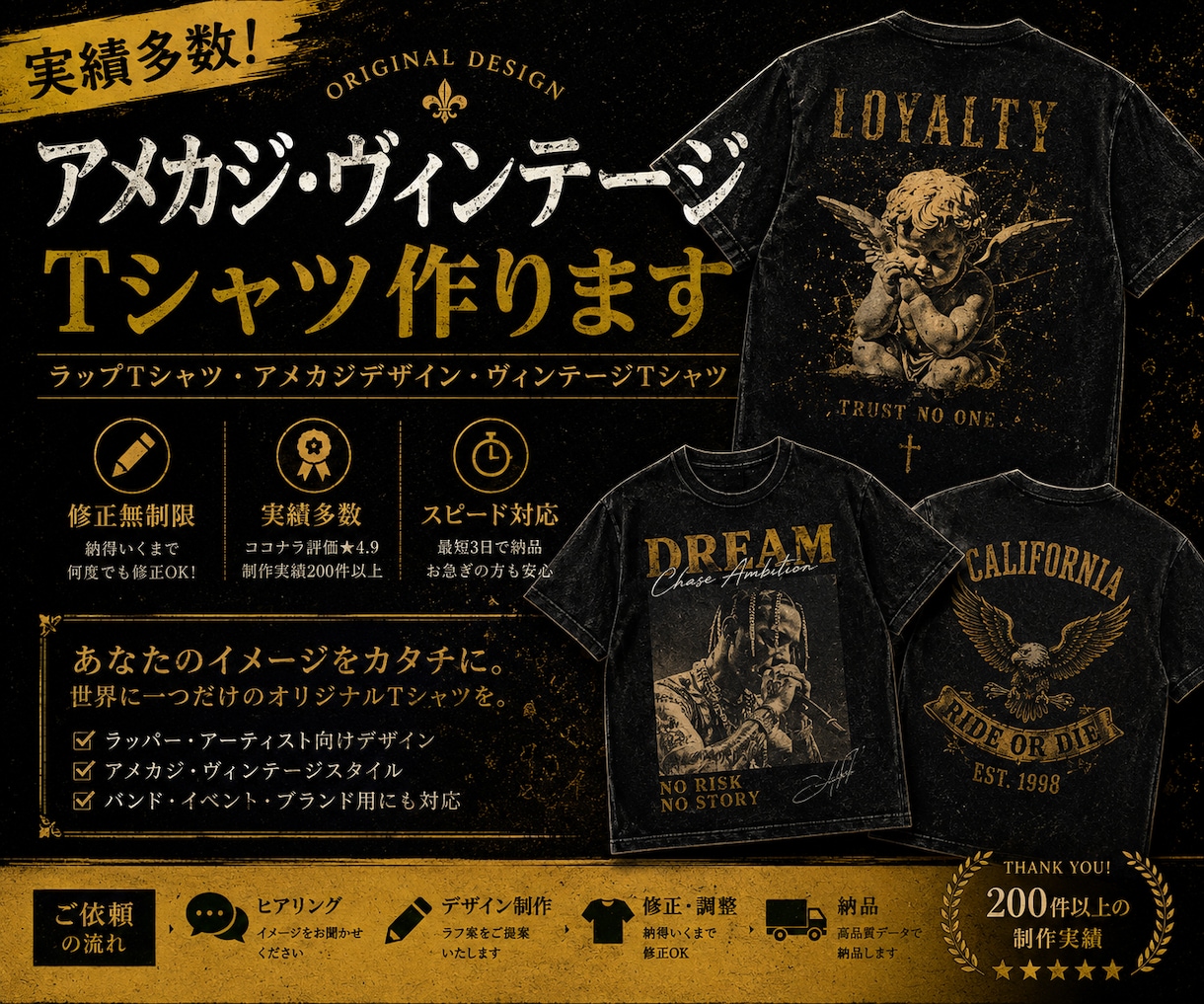 実績多数！ラップTシャツ・ヴィンテージT作ります ラップTシャツ・アメカジ風デザイン・ヴィンテージTシャツ イメージ4