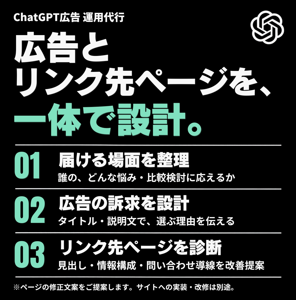 ChatGPT広告の初期設定から運用まで代行します Google広告運用実績1,000社以上。新しい集客支援を。 イメージ3