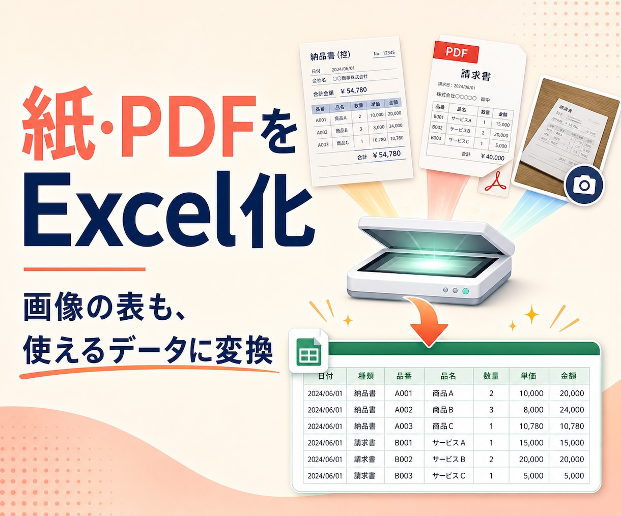 紙・PDF・写真の情報をExcelにまとめます 手入力ゼロ。バラバラの資料を、使える一覧表に イメージ1
