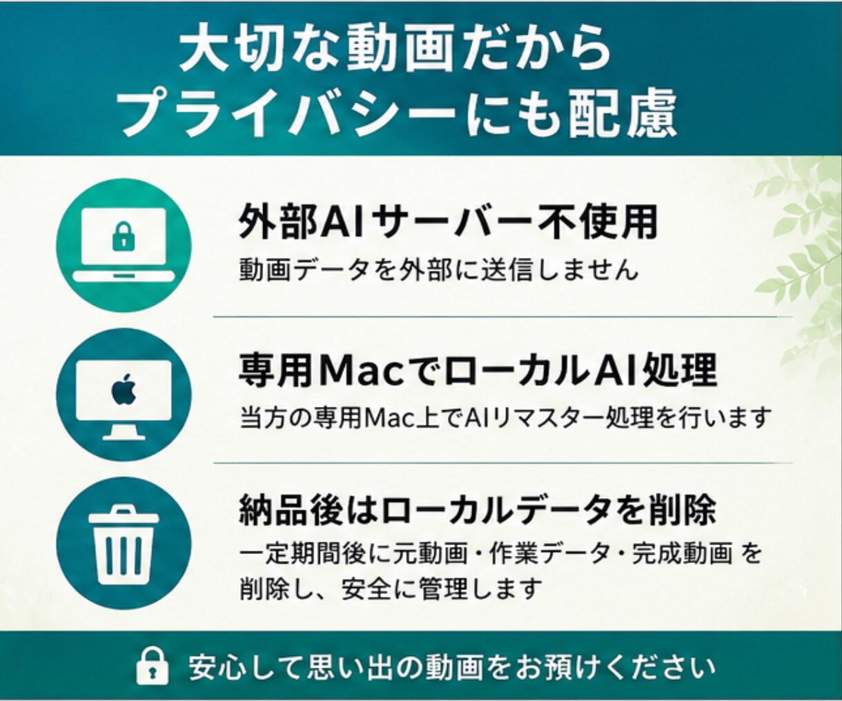 古い低画質動画をAIで高画質リマスターします 大切な思い出を高解像度の動画に　プライバシーを重視しています イメージ2