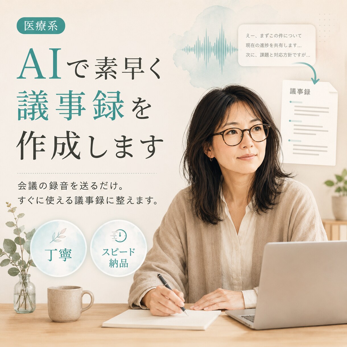 AIで素早く議事録を作成します 会議の録音を送るだけ。すぐに使える議事録に整えます。 イメージ1