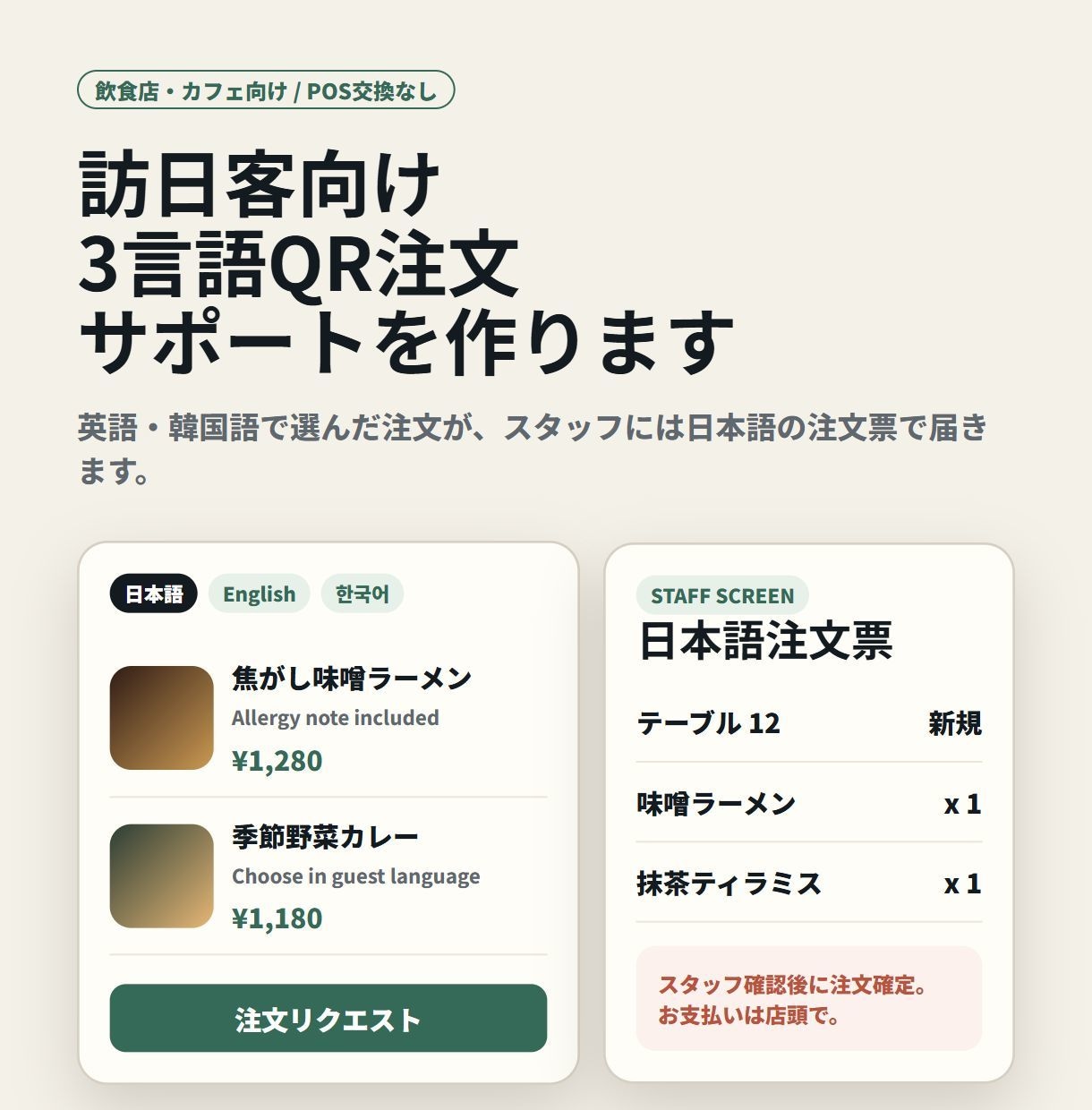 飲食店向けQR注文を作ります 英語・韓国語の注文が日本語票で届きます イメージ1