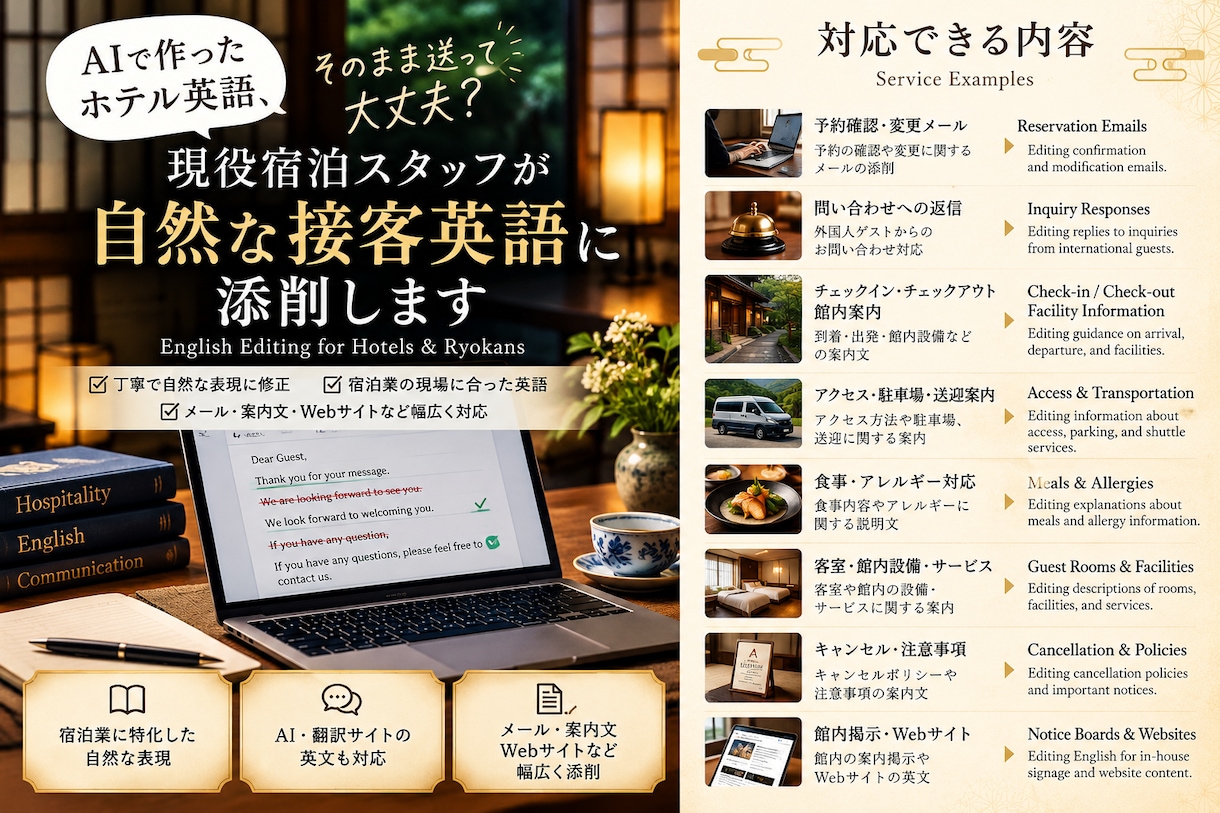 ホテル・旅館の英文を自然な英語に添削します AI・翻訳サイトで作った英文も接客で使える自然な表現に イメージ1