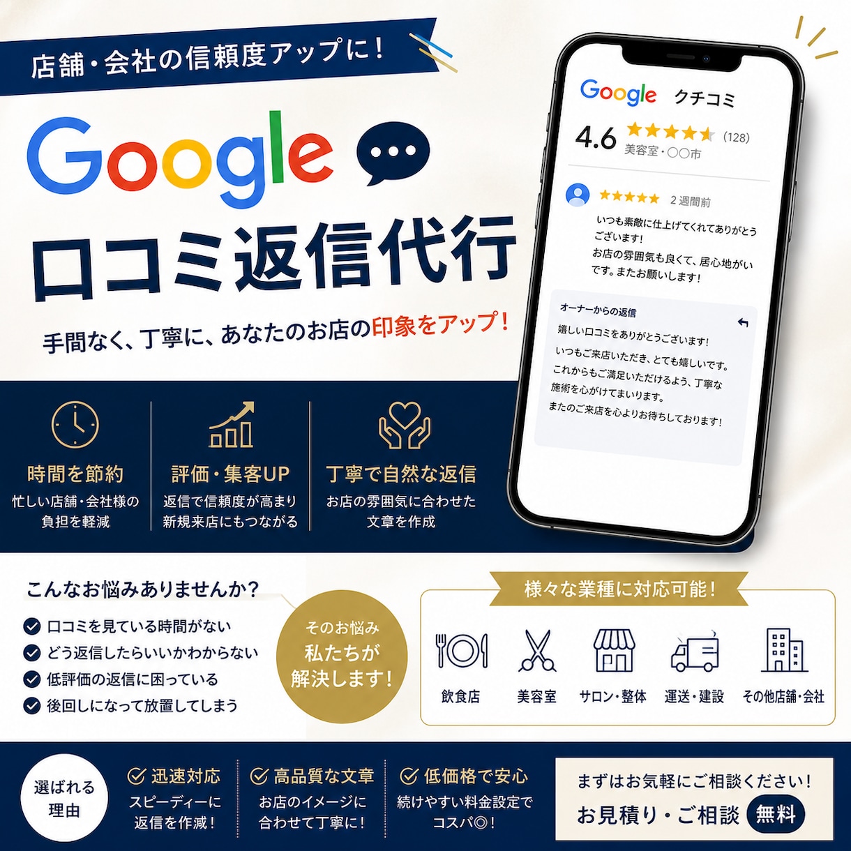 口コミ返信を代行しています。ます 「24時間以内返信代行」「クレーム返信サポート込み」 イメージ1