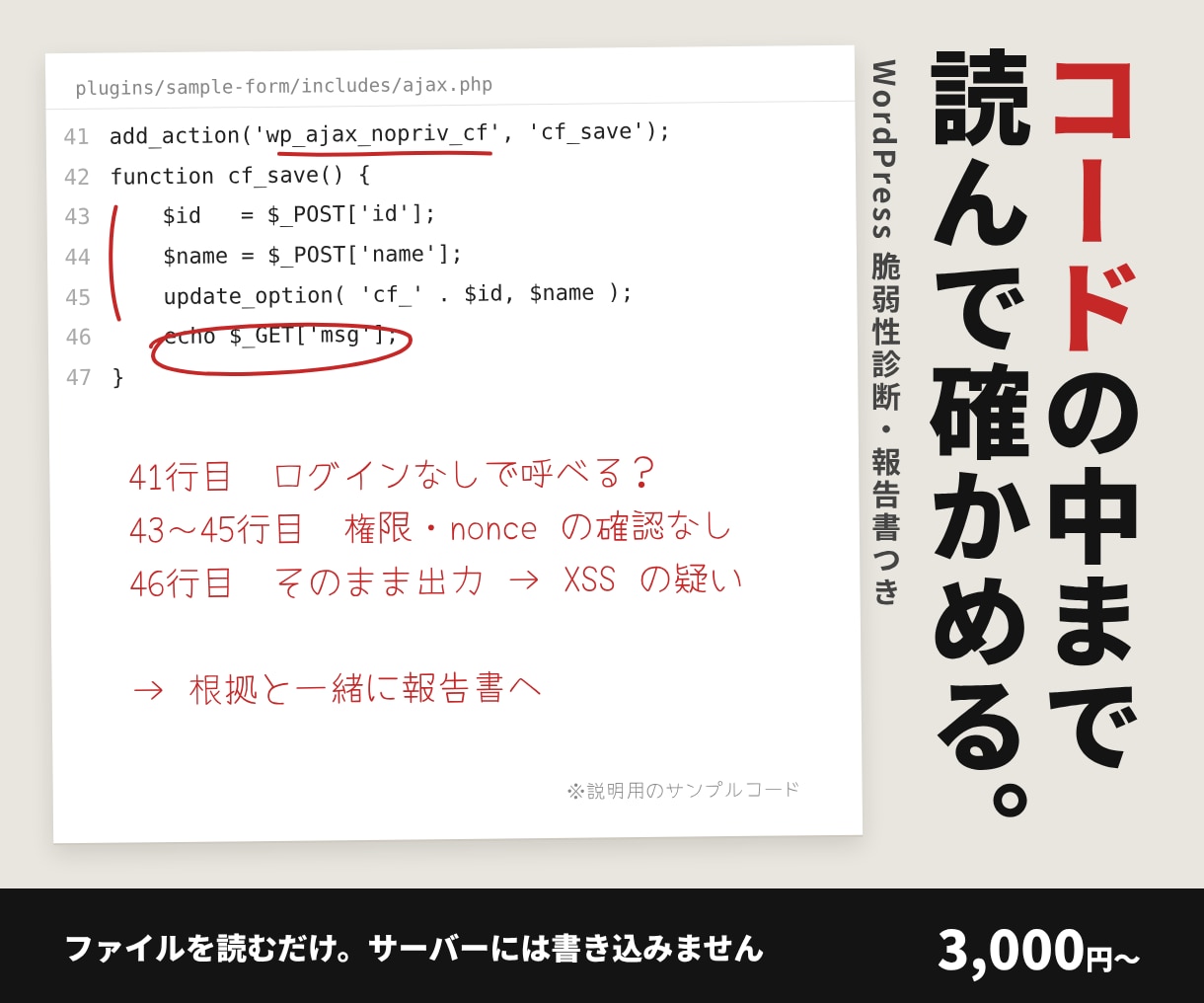 WordPressの脆弱性を報告書つきで診断します プラグインのスキャンでは見えない所までコードで確かめます イメージ1